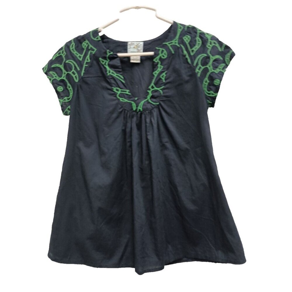 Tabitha Anthropologie Womens Floral Embroidered Top Sz 4 Green Navy Popover BOHO